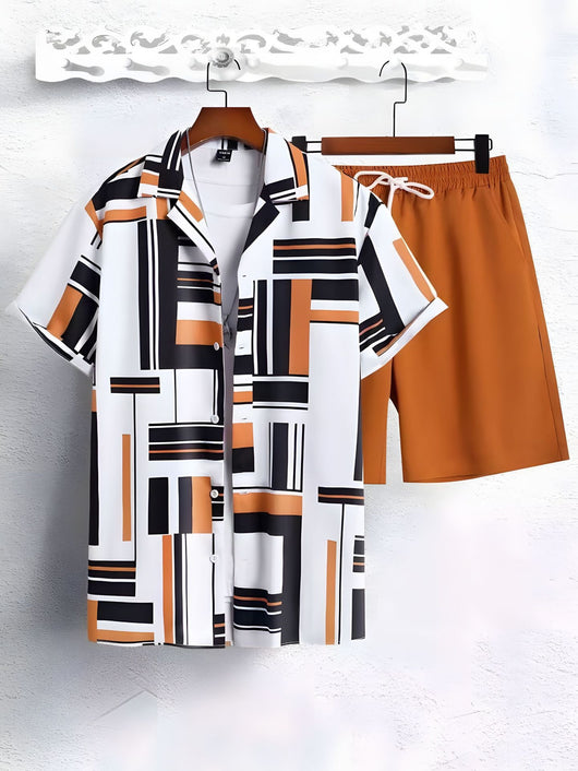 Conjunto de Camisa Hawaiana Hombre a Rayas Blanco y Negro - Image 10