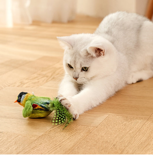 Colorful bird cat toy with green fluffy wings, black head, yellow face, orange beak, and spotted tail feathers. - Image 8