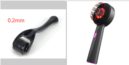 Black electric massage comb with red light therapy, black bristles, and a purple power button on a white background. - Image 10