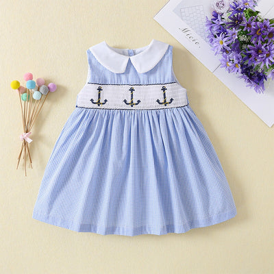 Vestido Infantil de Verano sin Mangas con Cuello de Muñeca y Smocking Bordado - Image 16
