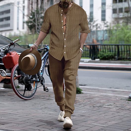 Pantalón y Camisa de Rayas con Cuello Hengli para Hombre - Image 15