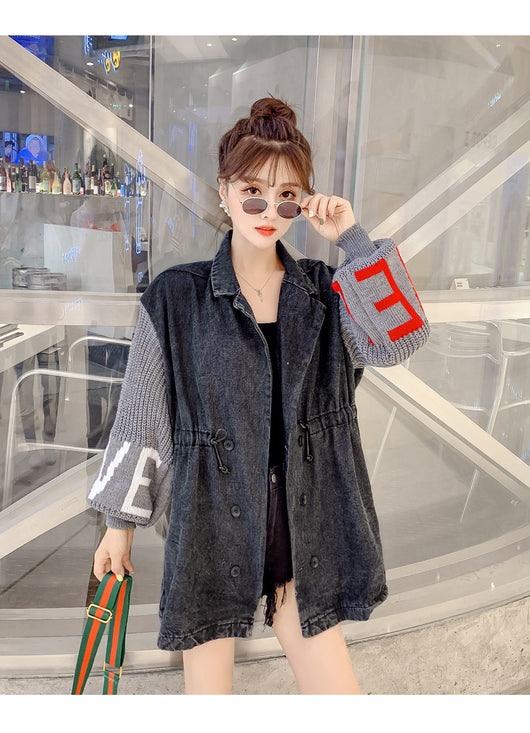 Chaqueta de mezclilla negra con mangas linterna tejidas con letras - Image 25