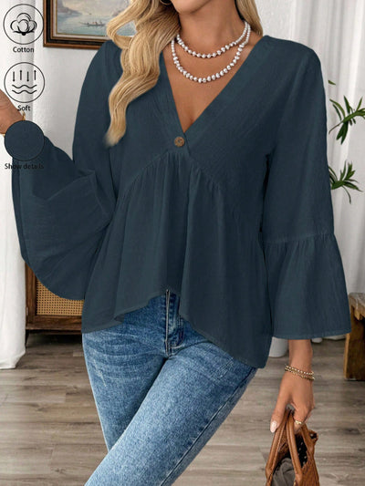 Blusa Cuello V con Mangas Volantes en Colores Sólidos - Image 33