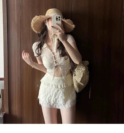Fashion personalized black split bikini with sheer short-sleeve top, matching mini skirt with ruffle and lace trim. - Image 12
