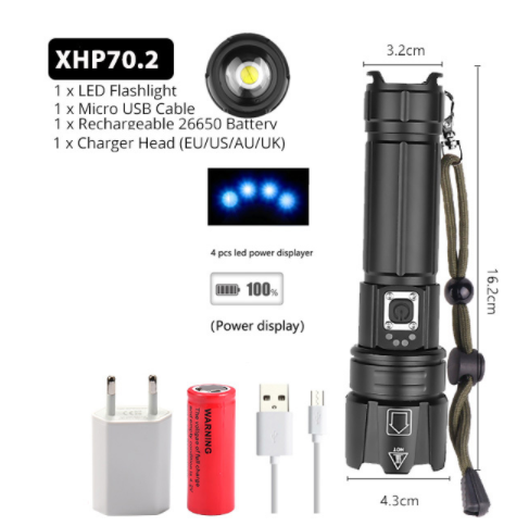 Linterna LED Recargable USB con Pantalla de Potencia y Zoom Ajustable - Image 3