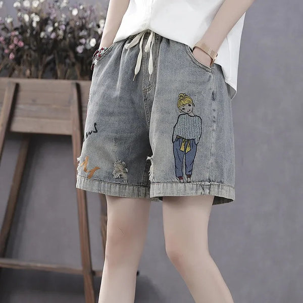 Pantalones Rectos Vintage con Cintura Elástica y Detalles Bordados Rotos
