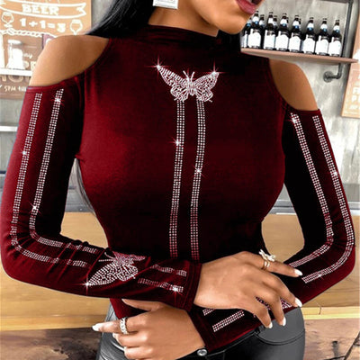 Blusa Strapless Negra con Mangas Largas y Detalles de Mariposas - Image 4