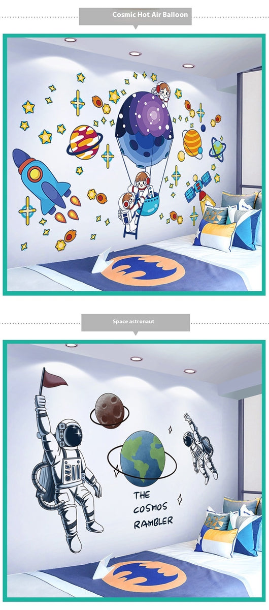 Cartoon astronaut and space station wall stickers with planets, stars, moon, and telescope on a white wall. - Image 16