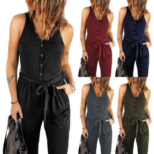 Jumpsuit Mujer Verano Sin Mangas Cuello V con Cintura Ajustable - Image 2