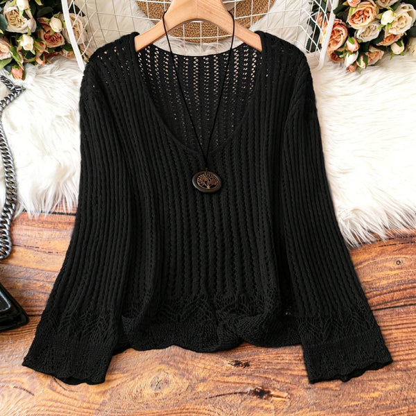 Suéter Calado Talla Grande para Mujer - Manga Larga Tejida Cuello V