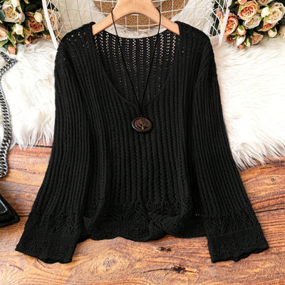 Suéter Calado Talla Grande para Mujer - Manga Larga Tejida Cuello V - Image 2