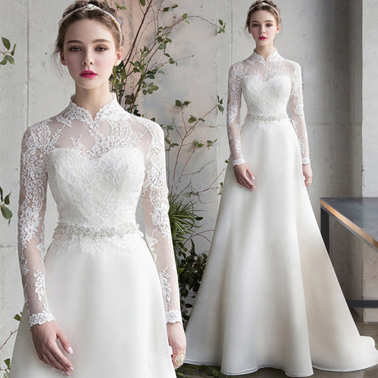 Vestido de Novia Satinado con Mangas Largas - Traje de Gala Elegante
