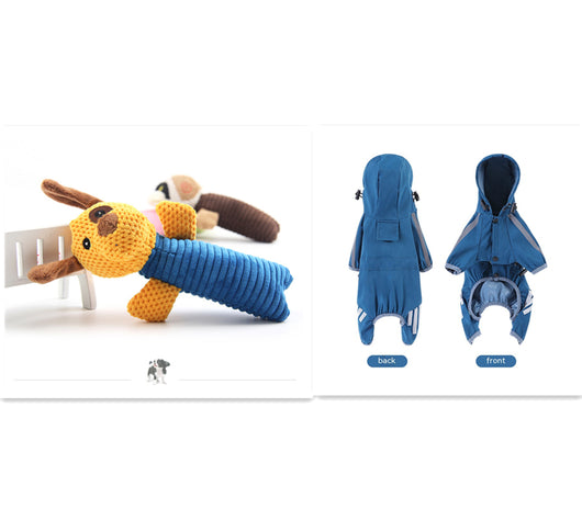 Yellow and blue plush dog toy with ribbed body, alongside a blue dog raincoat with hood and reflective strips. - Image 6