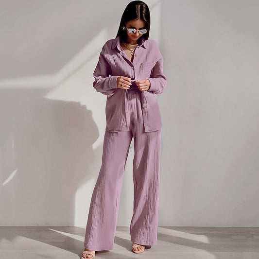 Pijama de Algodón Crepe Versátil - Conjunto Dos Piezas Holgado para Casa y Salida