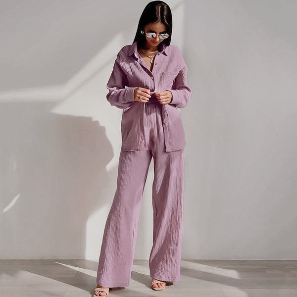 Pijama de Algodón Crepe Versátil - Conjunto Dos Piezas Holgado para Casa y Salida