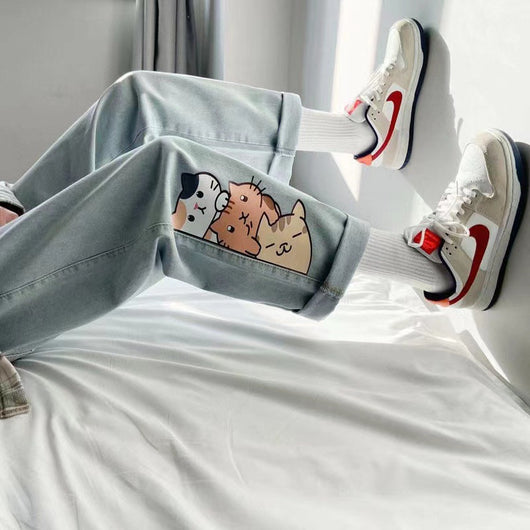 Jeans Rectos Sueltos para Hombre con Estampado Gatito - Image 9
