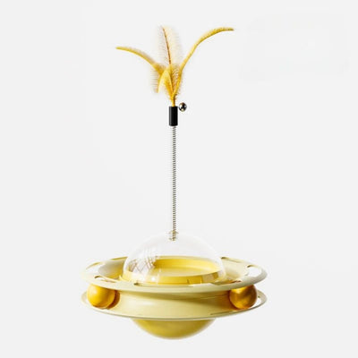 Yellow UFO tumbler cat toy with rolling balls, a clear dome, and a spring-mounted feather wand with a bell. - Image 6