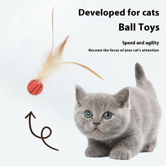 Three cat toys with pink balls and natural beige feathers, displayed on clear stands against a white background.