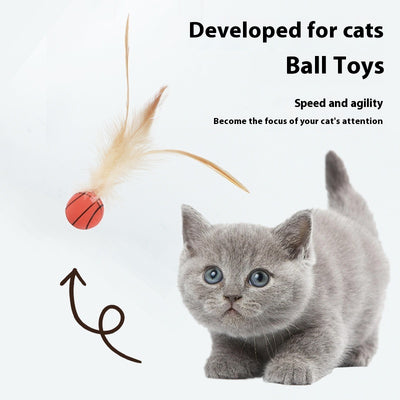 Three cat toys with pink balls and natural beige feathers, displayed on clear stands against a white background.