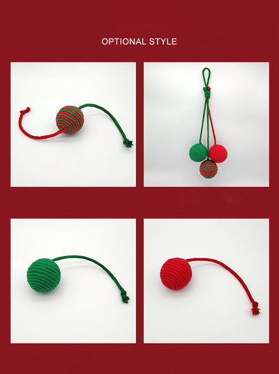 Red and green striped cotton rope ball cat toy with two rope tails, ideal for Christmas interactive play. - Image 13