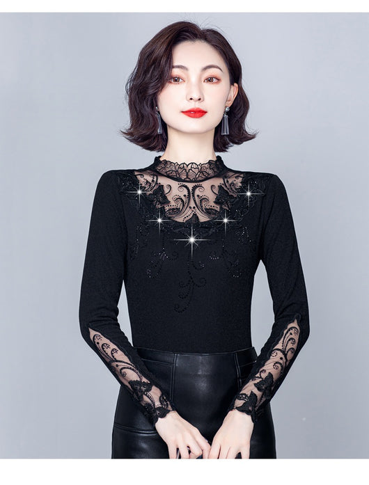 Blusa Cuello Alto con Encaje y Strass - Ajuste Slim para Otoño e Invierno - Image 17