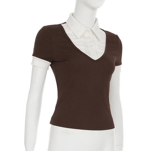 Playera Polo Retro Americana con Costuras Superpuestas para Mujer - Image 21