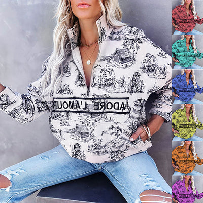 Suéter Holgado con Cierre y Estampado - Manga Larga Casual