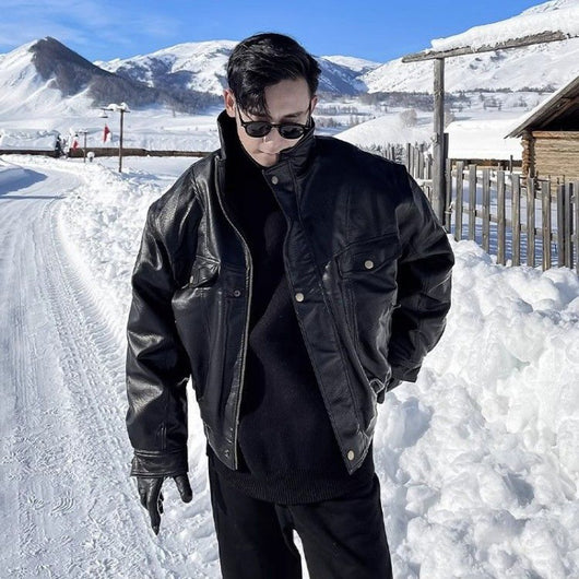 Abrigo de Cuero Piloto Forrado Térmico para Hombre - Talla Grande Invierno