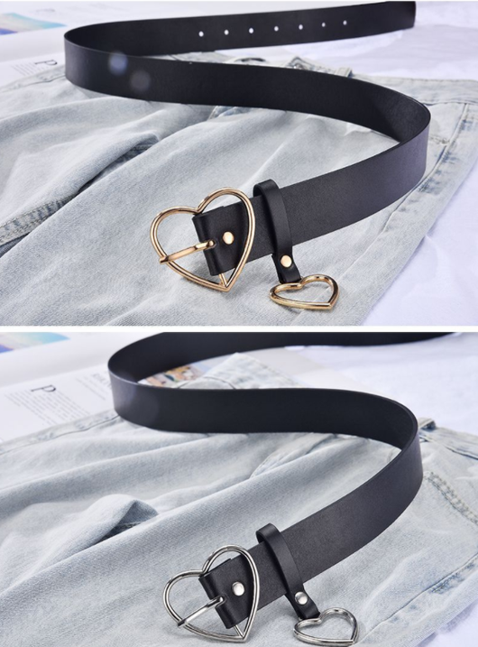 Black imitation leather belt with a silver heart-shaped pin buckle and a dangling heart charm. - Image 11