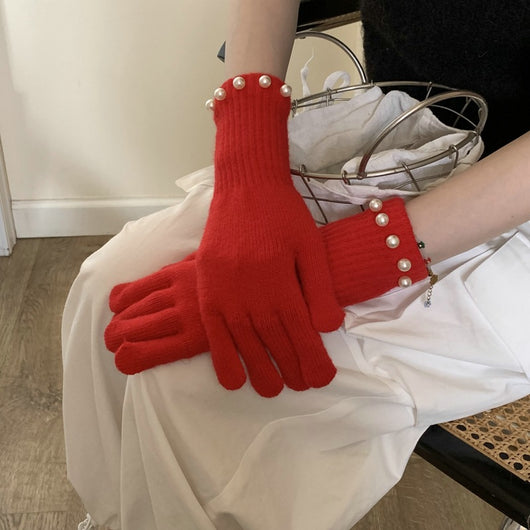 Guantes Tejidos Cálidos con Perlas en Colores Sólidos - Image 20