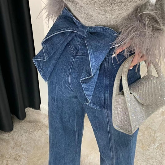 Pantalones Vaqueros Talle Alto con Moño y Pierna Ancha