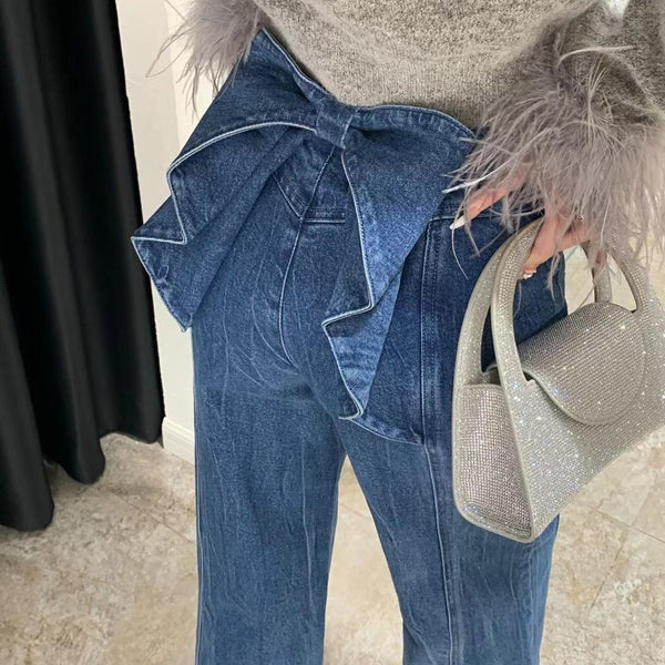 Pantalones Vaqueros Talle Alto con Moño y Pierna Ancha