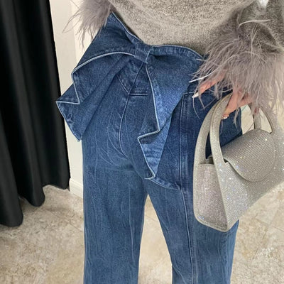 Pantalones Vaqueros Talle Alto con Moño y Pierna Ancha