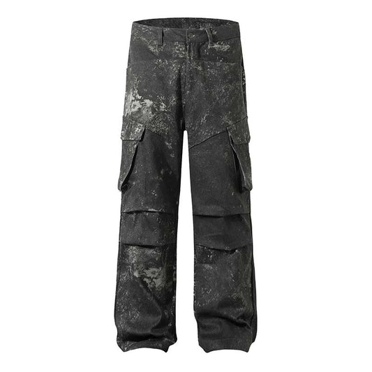 Pantalones Cargo Pleated Multi-bolsillo con Diseño Distressed American Street