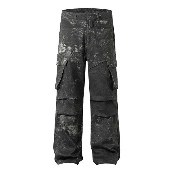 Pantalones Cargo Pleated Multi-bolsillo con Diseño Distressed American Street