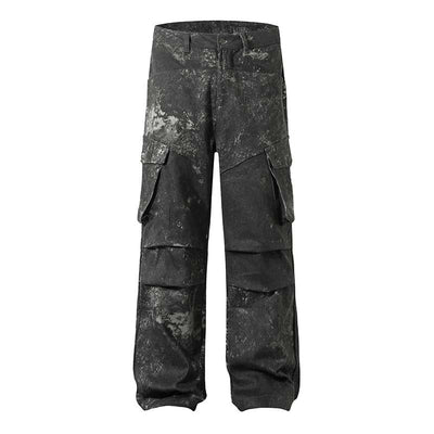 Pantalones Cargo Pleated Multi-bolsillo con Diseño Distressed American Street