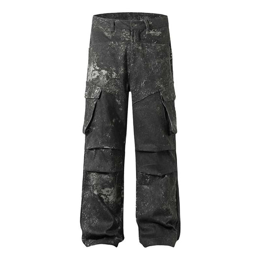Pantalones Cargo Pleated Multi-bolsillo con Diseño Distressed American Street