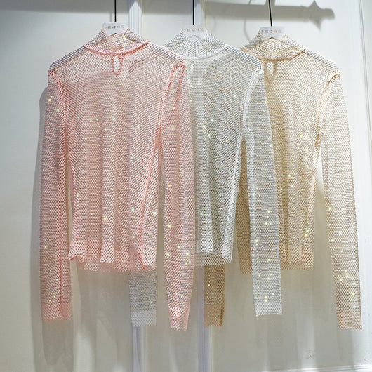 Blusa Transparente de Manga Larga con Cristales y Diamantes Brillantes - Image 8