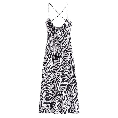 Vestido Slip Ajustado con Estampado Animal Print Blanco y Negro - Image 3