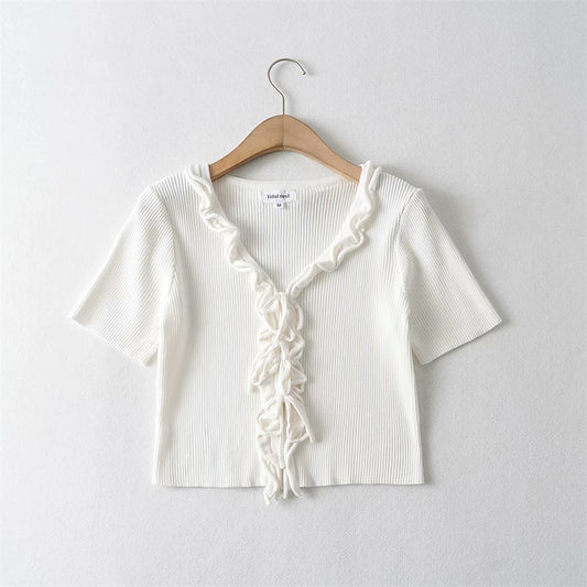 Cardigan de Encaje Talle Alto Ajustado Manga Corta para Mujer - Image 2