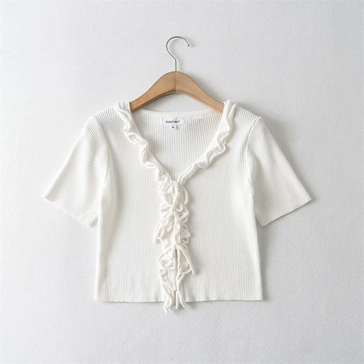 Cardigan de Encaje Talle Alto Ajustado Manga Corta para Mujer - Image 2
