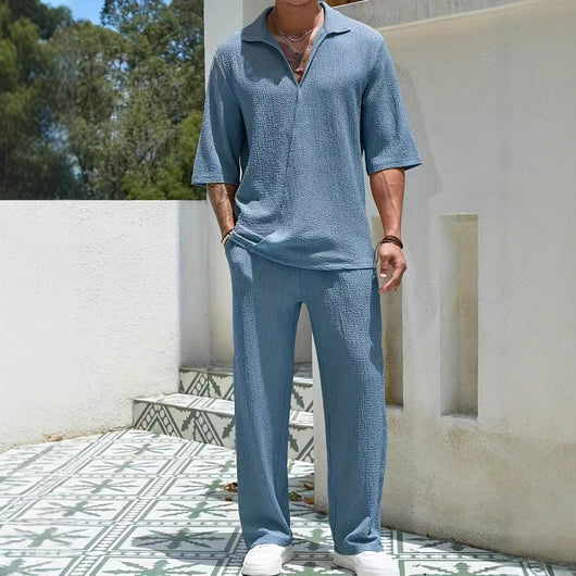 Conjunto Casual de Dos Piezas: Camisa Manga Corta y Pantalón Color Sólido - Image 10