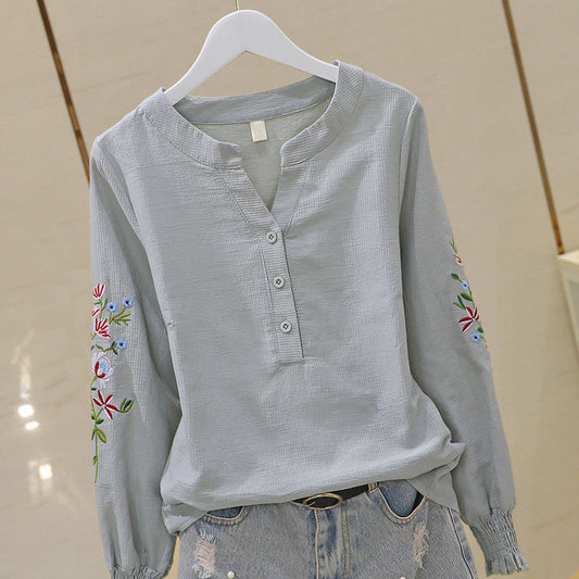Blusa de Algodón con Escote V y Bordado Plisado Manga Larga
