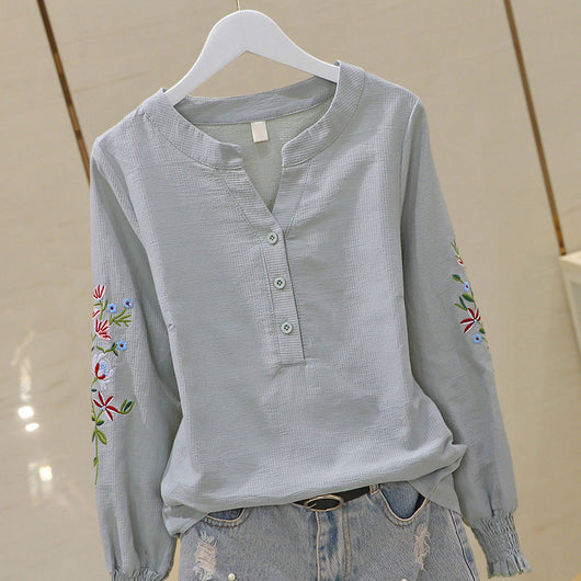 Blusa de Algodón con Escote V y Bordado Plisado Manga Larga