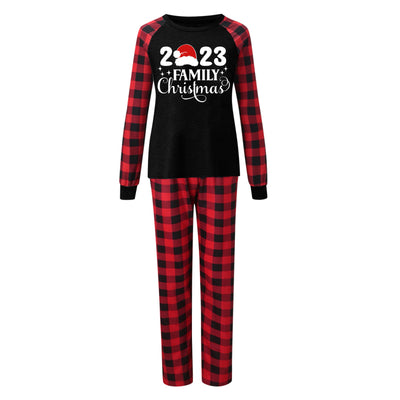 Red and black buffalo plaid Christmas pajama set with a long-sleeve top and matching pants. Top reads "2023 FAMILY Christmas". - Image 3
