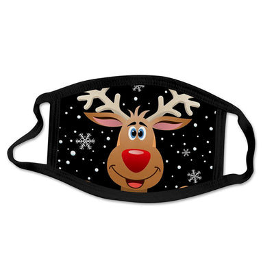 Black face mask with a cartoon print of Santa Claus ice skating with snowmen and Christmas trees. - Image 3
