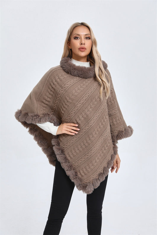 Poncho Tipo Capa de Punto Grueso con Cuello de Pelaje - Image 31