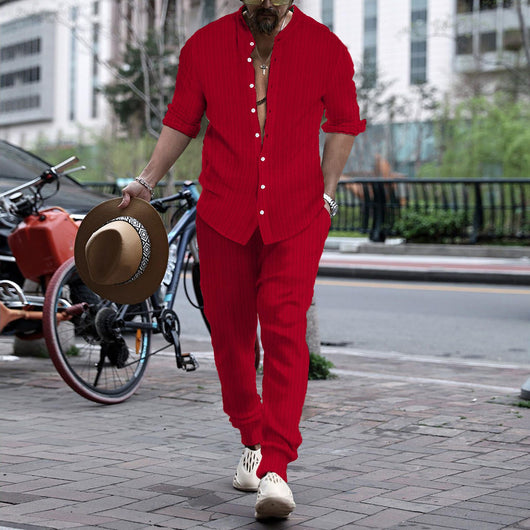 Pantalón y Camisa de Rayas con Cuello Hengli para Hombre - Image 7
