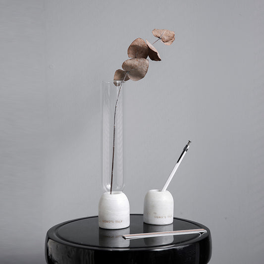 Florero de Vidrio Transparente con Base de Mármol - Diseño Moderno Minimalista