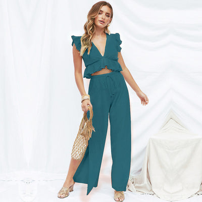 Conjunto Elegante: Blusa Chifón Volantes Escote V + Pantalón Ancho con Aberturas - Image 9